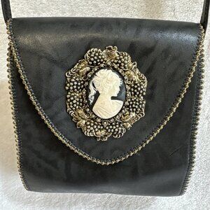 LEATHEROCK Black Leather Cameo Beaded Crossbody Strap Nina Arjani 1992 Vintage